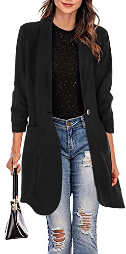Blazer Femme Chic et Elegant Long Veste de Tailleur Fluides Col Rabattu OL Bureau Affaires Manteau Longue Outerwear Léger Casual Blousons Coupe Vent Manches 3/4 Demi-Saison Automne (Noir, XXL)