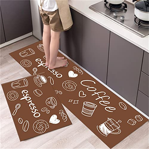 Lot de 2 Tapis de Cuisine Antidérapant Lavable en Machine Tapis de Cuisine Anti Fatigue Tapis Cuisine Devant Evier Tapis de Sol Cuisine Paillasson pour Cuisine et Couloir(Café Brun,44x75cm+44x150cm)