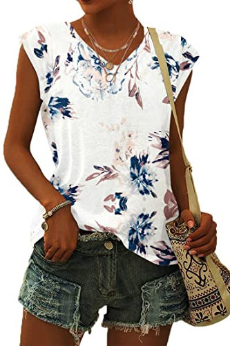 WNEEDU T-Shirt Damen Sommer V Ausschnitt Tank Top Locker Bluse Oberteile Top Sommer Damen Leicht und Luftig mit Flügelärmeln Weiße Blume L