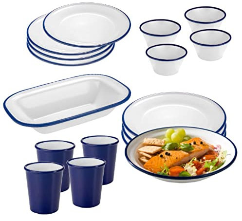 MBH - Juego de vajilla de melamina PREMIUM de 16 piezas más fuente de presentación, para uso en exteriores e interiores, inastillable, ligero, sin BPA, servicio para 4, patrón mediterraneo