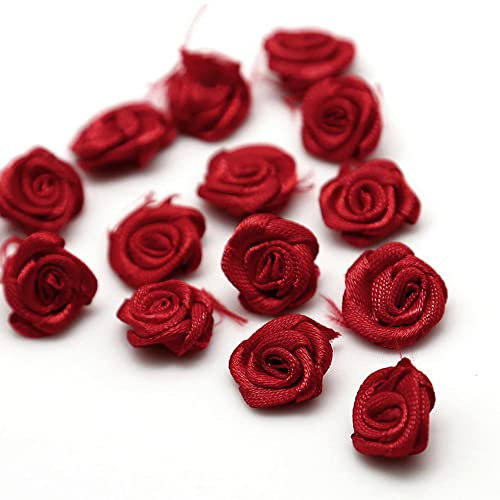 200 Stück Rosen 1.5cm kleine Kunstblumen Rosenköpfe Satinrosen Aufnäher Blumen Applikationen zum Basteln Patches Deko-Rosen Mini-Stoffrosen DIY Accessories Party Hause Hochzeit Dekoration,Weinrot