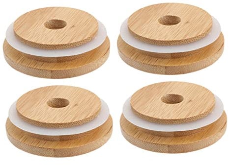 Cabilock Mason Jar Bamboo Lid Set 4pcs Bamboo Mason Jar Covers Wooden Glass Bottle Lids Straw Hole Easy to Use
