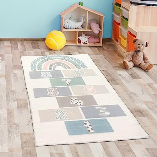 CARPETIA Kinderzimmer-Teppich pflegeleicht Hüpfkästchen weich in Creme 80x150 cm