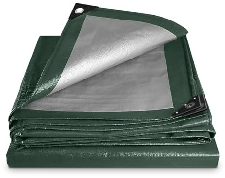 Green-Silver Tarpaulin Sheet Cut-Size 2m x 3m Mediumweight PE Plastic Tarp 140gsm Water-Resistant Ground Sheet Multipurpose Tarpaulin Covers used for Garden Furniture Shed Camping (6ft x 10ft)