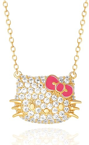 Hello Kitty Sanrio Damen-Halskette mit Zirkonia-Gesicht, 45,7 cm, offizielles Lizenzprodukt, 18 kt vergoldet, vergoldetes Sterlingsilber, kubische Zirkonia, Sterling Silber, Zirkonia