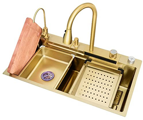 Fregadero de Cocina Fregadero Individual Grande de Acero Inoxidable Fregadero de Consola Dorado Fregadero de Verduras en Cascada Raindance con Accesorios (Color: Dorado, Tamaño: 80 * 45 * 21