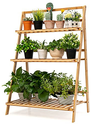 RELAX4LIFE Support de Plantes Pliable en Bambou, Étagère pour Plantes à 3 Niveaux, Étagère à Fleurs Pliante, Échelle à Plantes, pour Salon, Balcon, Jardin, Intérieur et Extérieur, Naturel