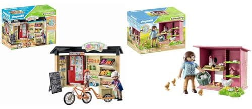 PLAYMOBIL Country 71250 24-Stunden-Hofladen, Fahrrad mit Anhänger & Country 71308 Hühner mit Küken, e Hühnerfamilie für deinen Bauernhof