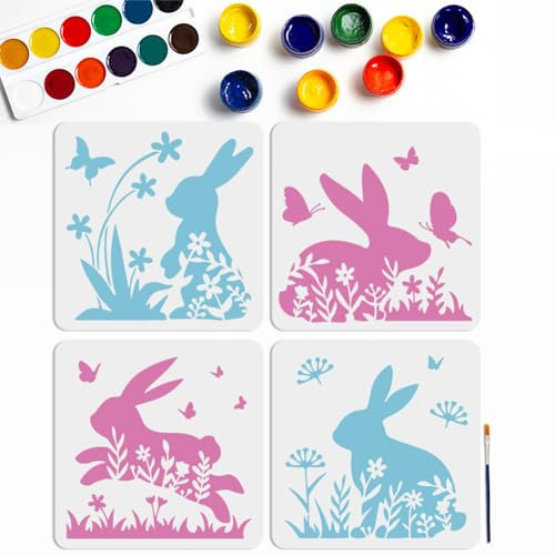 MAYJOYDIY 4 Stück Blumenhasen Schmetterlings Schablone 30 x 30 cm Wiederverwendbare Osterhasen Schablone Mit Pinsel Frühlingsblumenfeld Pflanzen Tier Zeichenvorlage Für Osterdekoration Wände Möbel