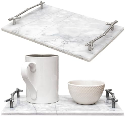 Serving Tray with Silver Handles – 12x8 Marble Decorative Tray for Snacks, Drinks, Vanity, or Coffee Table Décor by Museo