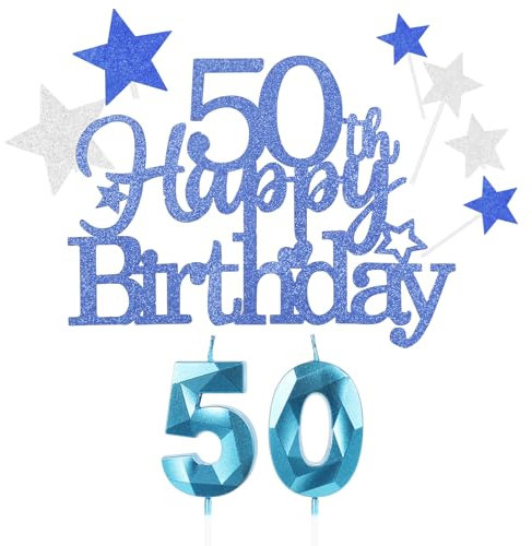 Personalised Happy 50th Birthday Cake Topper Set - Blue Number 50 Candles, Star Cupcake Toppers, Cake Decorations for Her Him Boy Men Women Anniversary (Set 9)