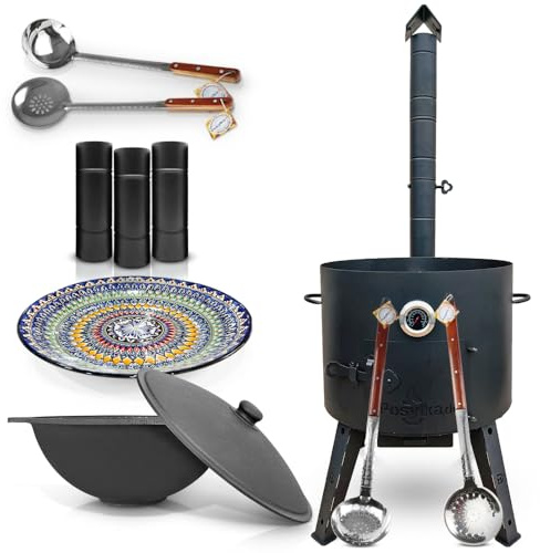 Utschak Feuerofen mit Thermometer Schornsteinverlängerung, Gusseisen Topf flacher Boden mit Deckel (22 L) Schaumlöffel, Schöpfkelle, Lagan KazanoFF, Учаг, Kazan (Set 5)