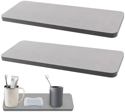 2pcs Water Absorbent Stone for Sink, Fast Drying Diatomite Soap Dish Mat, Diatomaceous Earth Absorbing Tray Coasters, Hand Soaps Saver Holder for Modern Home Bathroom, Kitchen, Plants, Toiletries Grey