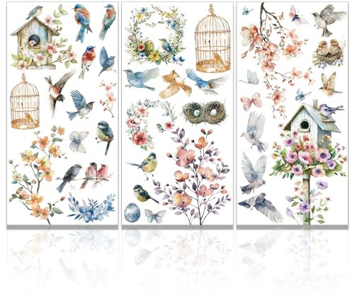 GLOBLELAND 3 Stück Aquarell Vogel Und Blumen Abziehbilder Zum Aufreiben Für Möbel Und Bastelarbeiten, 6x12 Zoll Große Möbel Transferaufkleber, Selbstklebende, Wasserfeste Dekor Transferaufkleber