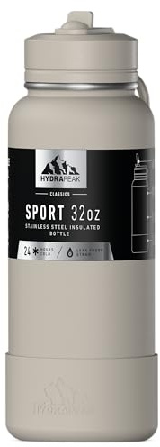 Hydrapeak Botella de agua deportiva de 32 onzas con tapa con popote, a prueba de fugas y derrames, mantiene las bebidas frías durante 24 horas y el calor durante 12 horas, de acero inoxidable de alta