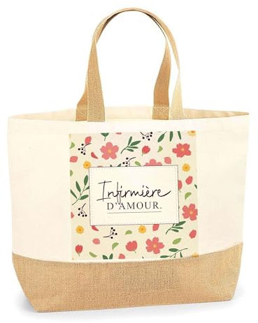 Planetee Sac Infirmière d'amour fleurs | Cabas de Plage Courses Coton et Toile de Jute Idée Cadeau