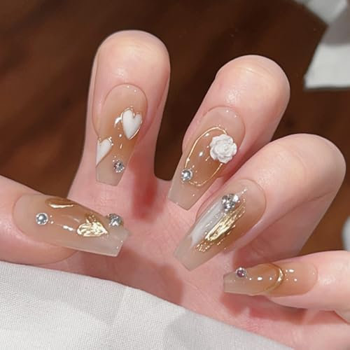 Pure Handmade Nails Press on Nail Reusable Fake Nails GoldenHeart FlowerWhite Bling Bling Medium Stick on Nails French Tip False Nails 10pcs (M, Q289)