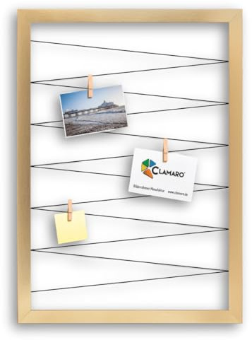 CLAMARO Bilderrahmen Collage Flex, 55 x 75 cm, Gold, mit 20 Holzklammern | MDF-Holzrahmen vollummantelt, vorgespannte Gummileine, Echtholz-Fotoklammern, Wandaufhänger, für Fotos, Postkarten, Notizen