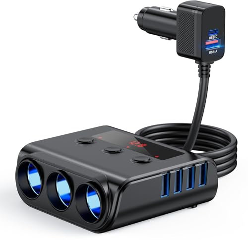 Cargador Mechero Coche 9 en 1,180W Adaptador USB Mechero Coche a Enchufe con 3 Ranuras y 5 Puertos USB + PD18W Cargador Movil Coche con Interruptor Independiente Voltímetro LED para Camping/GPS/Dash