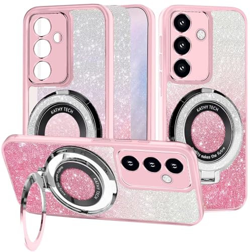 WOWUDI Per Magnetica Cover Samsung Galaxy A55 Trasparente con Anello Supporto Compatibile con Aspirazione magnetica per auto,Sottile Silicone 2 in 1 Copertura Separabile- Rosa