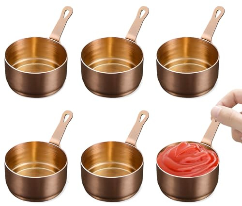 Thatyro 6 PCS 304 Stainless Steel Dipping Sauce Cups with Handle, 2.7 oz Reusable Delicate Metal Condiment Cups, Small Dressing Container for Ketchup Dishes Seasoning (Rose gold)
