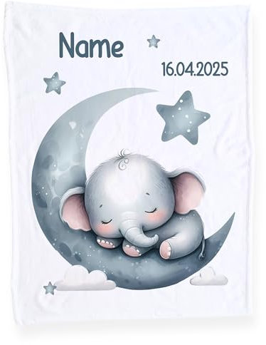 GRAZDesign Babydecke mit Namen und Datum, Weiche Kuscheldecke Elefant, Schmusedecke zur Geburt als Geschenk für Jungen