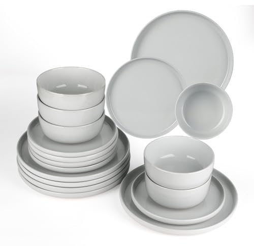 Richmount Milkyway Geschirrset,18-teiliges teller set,Sprenkel Steingut Geschirr Set für 6 mit Speiseteller, Dessertteller, Müslischalen, Mikrowellen & Spülmaschinenfest, Hellgrau
