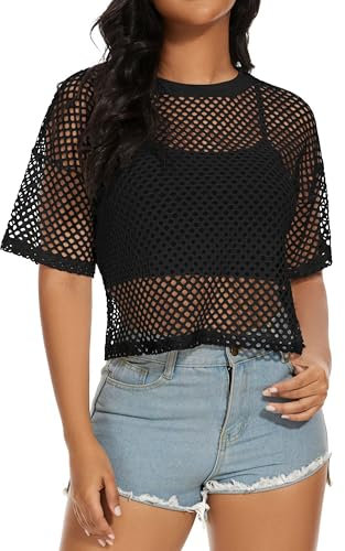 florynova Womens Fishnet Mesh Tops Summer See Through T Shirt Short Sleeve Sheer Blouse(Black,M)