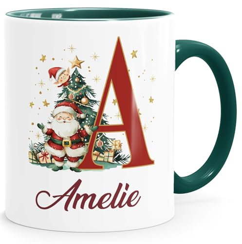 SpecialMe® Tasse Weihnachten Buchstabe Initiale Weihnachtsmann personalisiert Name persönliches Geschenk weiss-innen-gruen standard