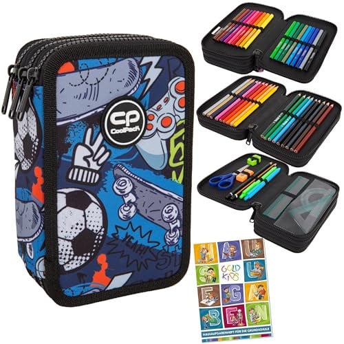 Goldkids - Federmäppchen 3 Fächer - Mäppchen für Jungen - Federmappe 3-Fach Federtasche Gefüllte Schüleretui Schulmäppchen und Hausaufgabenheft - Fußball Motiv