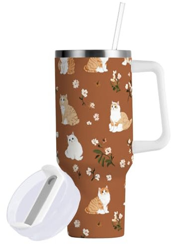 FRODOTGV Cute Curl Cats Thermobecher mit Strohhalm, vakuumisoliert, mit Strohhalm, auslaufsicher, 850 ml, breite Öffnung, heißer Kaffee, Reisebecher für Zuhause, Büro oder Auto