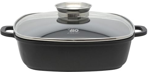 ELO Servierpfanne Eckig Alucast 28 cm, Aluguss - Induktion, Antihaft | Kratzfeste ELODUR® Select Antihaftversiegelung, Backofenfest, Spülmaschinenegeeignet, Aromaknopf