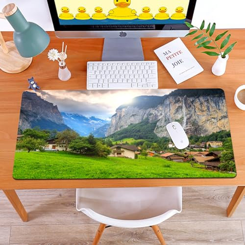 MYAUEYSU Alfombrilla de ratón para 40x75 cm,Granja, Pueblo sobre Las Rocas en el Fondo de la Cascada, Picos Europeos,Grande,con Base de Goma y Bordes cosidos,Alfombrilla para,PC,portátil,Escritorio