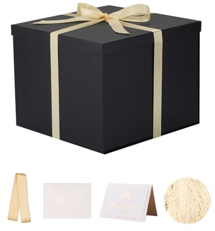 KdmNzoo Geschenkbox mit Deckel 32 x 32 x 25 cm, Geschenkbox mit Schleifen, Grußkarten, Raffia Hamper Shreds für schwarz