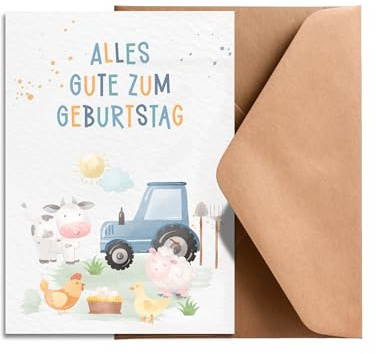 Geburtstagskarte Kinder Bauernhof – A6 Postkarte mit Umschlag – Traktor, Kuh, Schaf & Huhn – Grußkarte zum Kindergeburtstag – Tiermotive für Jungen & Mädchen – lustige Glückwunschkarte