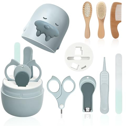 HAGOT 7-in-1 Babypflege Set mit Baby Nagelschere, für Fingernägel und Fußnägel, mit Nagelknipser, Nagelschere, Nagelfeile, Nasenpinzette, Babybürste, kleinen Flachkamm und Ballonkamm, Blau