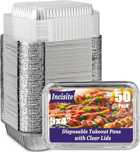 Incisite 50 Pack Small Aluminum Pans with Lids, Disposable Aluminum Foil Pans, Disposable Takeout Pan with Clear Lids, Food Containers with Strong Seal for Catering Baking Storage(12x9 cm)