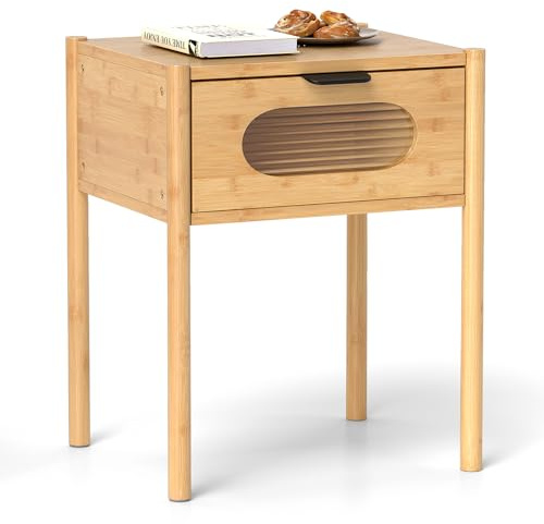 COSTWAY Table de Chevet en Bambou, Table de Niut avec Tiroir Décoré en Verre Trempé, Bout de Canapé pour Salon, Chambre, Petits Espaces, Naturel