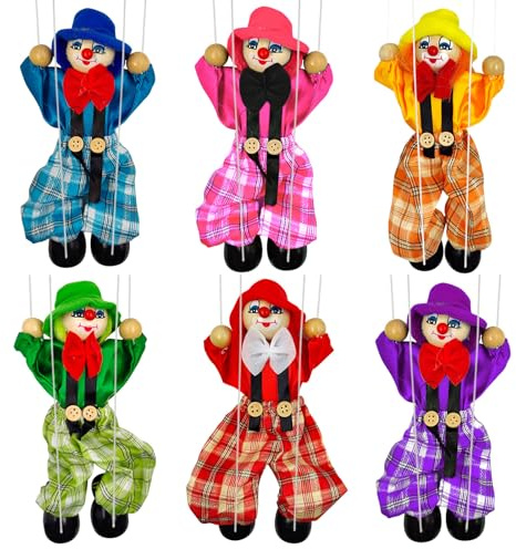 6 Pack Wooden Marionette Puppets Clown Pull String Puppets Movable Hands and Feet Joint Activity for Family Men Women Theater Puppetry Party