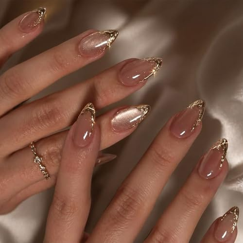 Gold French Tip Press on Nails Almond Medium Fake Nails nude pink Sparkling Fake Nails with Shiny Glitter Metal Designs Glossy False Nails for Women Girls Decoration Manicure 24Pcs