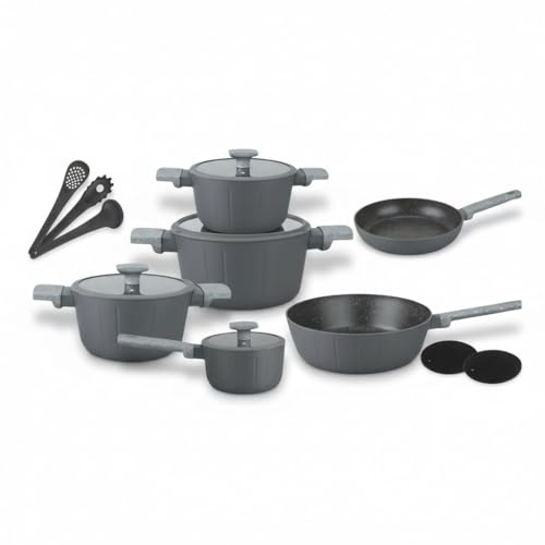 ZILNER Töpfe & Pfannen Set, 15-teilig, Marmorbeschichtung, Graphit | Kochtopf-Set mit Marmorbeschichtung, für alle Herdarten inkl. Induktion, Antihaftbeschichtung, Aluminiumguss, moderne Küche