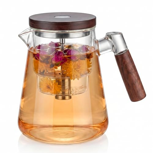 Glass Teapot with Infuser - Tea Pot with Infuser & Lid, Wood Handle Glass Teapots for Loose Leaf Tea for Tea Lovers Gifts