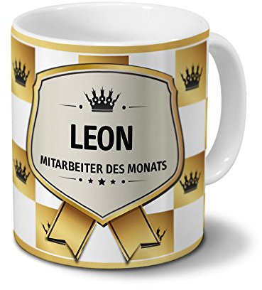 printplanet Tasse mit Namen Leon - Motiv Mitarbeiter des Monats - Namenstasse, Kaffeebecher, Mug, Becher, Kaffeetasse - Farbe Weiß