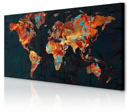 decomonkey Wandbilder Weltkarte 225x90 cm 5 Teilig Wandbild Groß Wohnzimmer | Leinwandbild XXL, Deko, Schlafzimmer, Büro, Wanddeko, Leinwand, Pictures For Wall, Poster, Wall Painting, Modern, Landkarte
