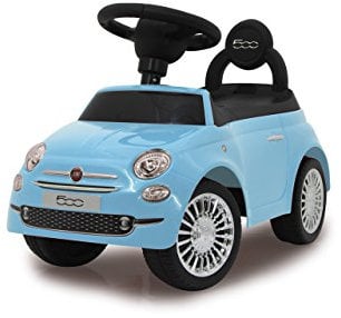 JAMARA 460327 - Rutscher FIAT 500 blau - offiziell lizenziert, Kofferraum unter der Sitzfläche, Schub- und Haltegriff, Verschiedene Sounds, Hupe, originalgetreue Optik, wertige Verarbeitung