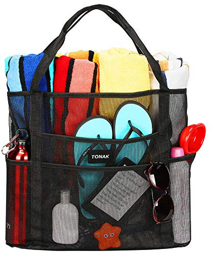 TONAK Mesh Beach Bag Toy Tote Bag Grocery Storage Net Bag Oversized Big XL with Pockets Foldable Lightweight for Family Pool, Black, XL, Oversized