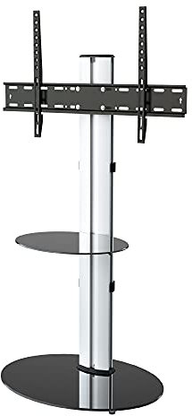 MAHARA Swivel Column TV Stand - for 32 to 55 inch TVs-Universal freestanding silver tall floor stand with oval black glass shelves & cable management-Height adjustable & fits in corners-Weight 40kg
