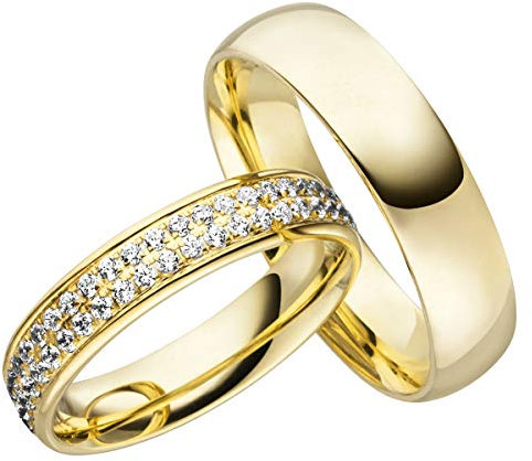 JC Trauringe Silber 925 Paarpreis Eheringe Gold Plattiert I Verlobungsringe Partnerringe mit Gravur in edler Schatulle I 2 Hochzeitsringe Herrenring 5,5 mm & Damenring mit Steinen 4,5 mm I LC119-P