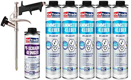 SET Dämmstoffkleber 5 Dosen 750ml Klebeschaum Perimeterkleber Kleber für Dämmung + 1 Reiniger + 1 Schaumpistole