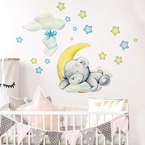 kina - Pegatina Pared Decoración Habitación Niños R00574 - Material Tela Ecológica, Hipoalergénico, Reposicionable, Efecto caricia, Escuela infantil - Gráficos Osito y medir 80x30 cm